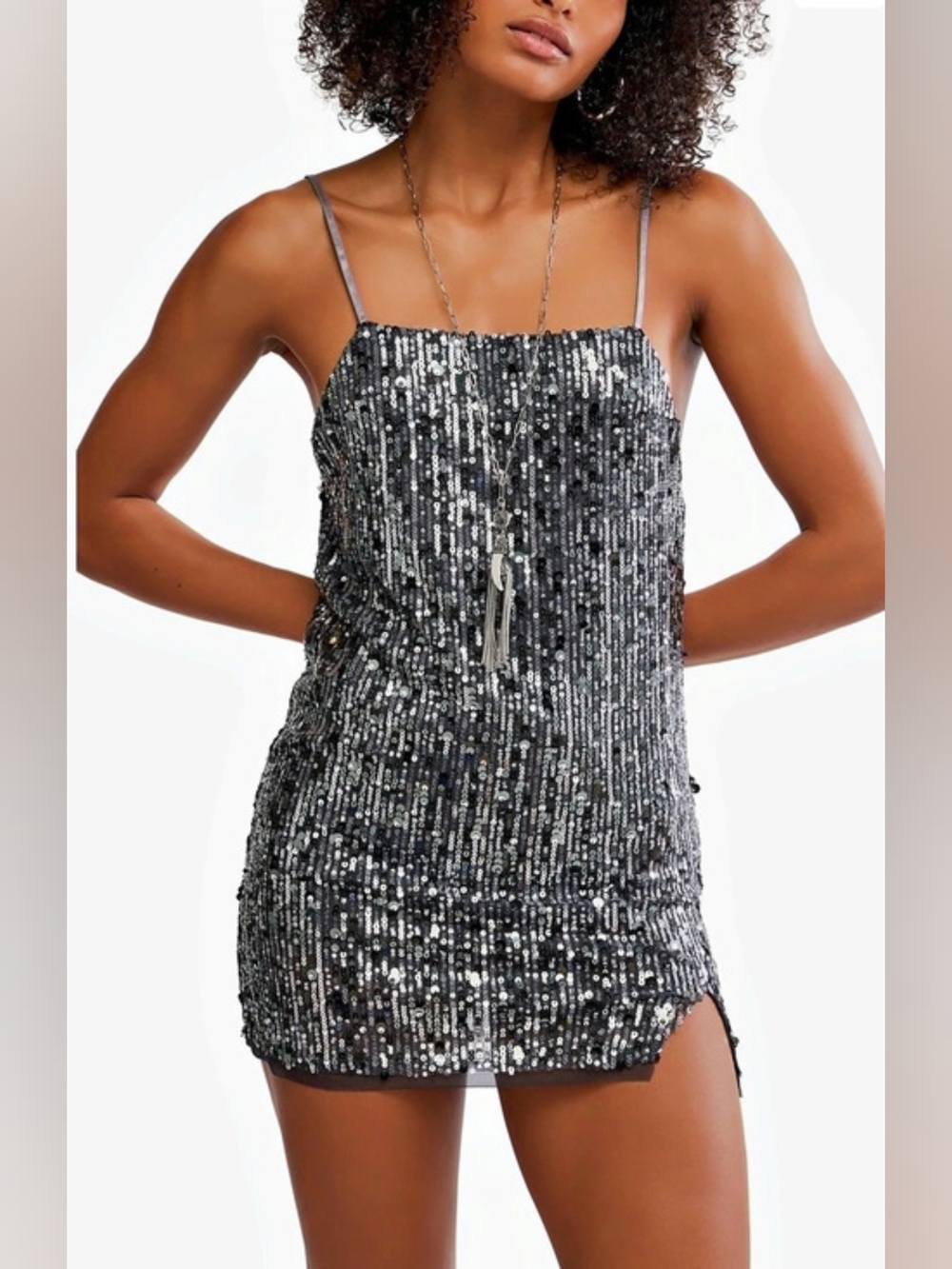 Free People Midnight Kiss Mini Slip Dress In Charcoal Combo S